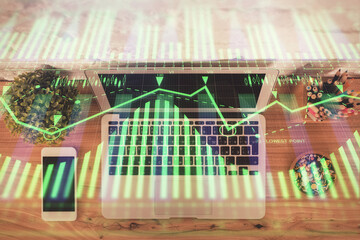 Double exposure of data hologram sketch over study table background with computer. Concept of Ai. Top view.