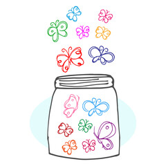 butterflies in the glass jar illustration isolated on white background. colorful butterflies. hand drawn vector. decorative pattern. doodle art for wallpaper, sticker, clipart, poster, wall decoration