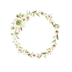 Watercolor floral wreath. Hand painted frame of anemone, ranunculus, pink peonies. Flower, leaves isolated on white background. Botanical illustration for design, print or background