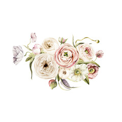 Obraz na płótnie Canvas Watercolor floral composition. Hand painted anemone, ranunculus, pink peonies bouquet set. Flower, leaves isolated on white background. Botanical illustration for design, print or background