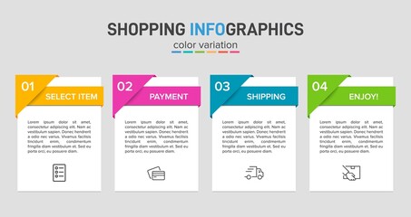 Concept of shopping process with 4 successive steps. Four colorful graphic elements. Timeline design for brochure, presentation, web site. Infographic design layout.