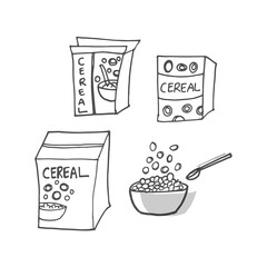 set of cereal boxes with bowl and spoon illustration isolated on white background. healthy breakfast icon. hand drawn vector. doodle art for logo, brand, label, clipart, advertising, cover, poster. 