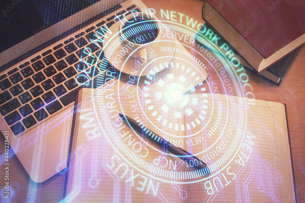 Poster multi exposure of data theme drawing hologram over topview work desk background with computer. conce