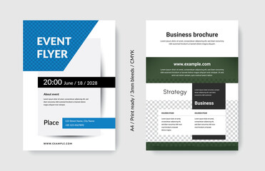 Business flyer layout set, modern clean and editable brochure cover template, front page of book, annual report, for serious company, with place for photos, A4, for print