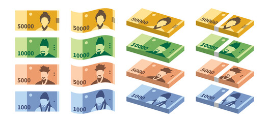 Korean currency, flat simple illustration collection of banknotes of the South Korean won isolated on white background