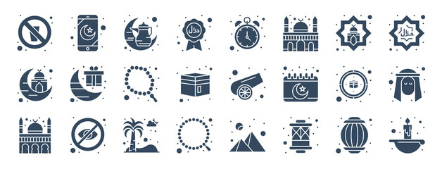 set of 24 islam and ramadan web icons in glyph style such as kettle, canon, palm tree, lantern, candle, qibla. vector illustration.