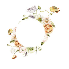 Watercolor floral frame. Hand painted wreath of anemone, ranunculus, pink peonies. Flower, leaves isolated on white background. Botanical illustration for design, print or background