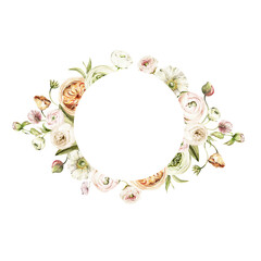 Naklejka na ściany i meble Watercolor floral frame. Hand painted wreath of anemone, ranunculus, pink peonies. Flower, leaves isolated on white background. Botanical illustration for design, print or background