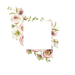 Watercolor floral frame. Hand painted wreath of anemone, ranunculus, pink peonies. Flower, leaves isolated on white background. Botanical illustration for design, print or background