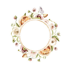 Watercolor floral frame. Hand painted wreath of anemone, ranunculus, pink peonies. Flower, leaves isolated on white background. Botanical illustration for design, print or background