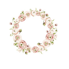 Watercolor floral wreath. Hand painted frame of anemone, ranunculus, pink peonies. Flower, leaves isolated on white background. Botanical illustration for design, print or background