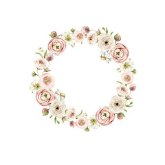 Watercolor floral wreath. Hand painted frame of anemone, ranunculus, pink peonies. Flower, leaves isolated on white background. Botanical illustration for design, print or background