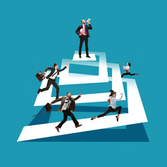 Fototapeta premium Boss with megaphone. Young men, clerks in business clothes standing isolated on blue background.