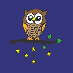 cute owl on the night background. owl on the branch with green leaf an yellow star. hand drawn vector. doodle art for kids, wallpaper, greeting, card, wall decoration, sticker, postcard. wildlife bird