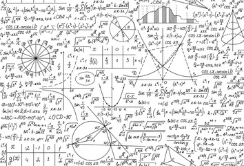 Mathematical scientific vector seamless pattern with handwritten equations, formulas and calculations. You can use any color of background - obrazy, fototapety, plakaty