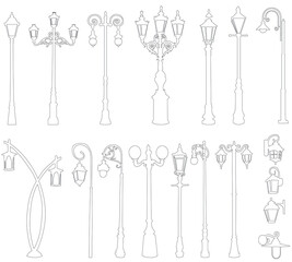 set of sketch street lamps isolated