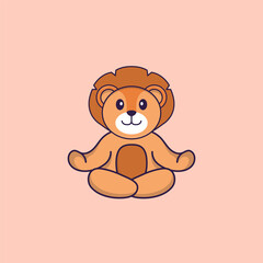 Cute lion is meditating or doing yoga. Animal cartoon concept isolated. Can used for t-shirt, greeting card, invitation card or mascot. Flat Cartoon Style