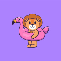 Cute lion With flamingo buoy. Animal cartoon concept isolated. Can used for t-shirt, greeting card, invitation card or mascot. Flat Cartoon Style