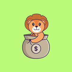 Cute lion in a money bag. Animal cartoon concept isolated. Can used for t-shirt, greeting card, invitation card or mascot. Flat Cartoon Style