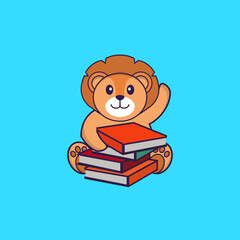 Cute lion reading a book. Animal cartoon concept isolated. Can used for t-shirt, greeting card, invitation card or mascot. flat cartoon style
