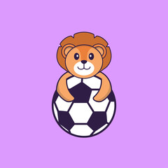 Cute lion playing soccer. Animal cartoon concept isolated. Can used for t-shirt, greeting card, invitation card or mascot. Flat Cartoon Style