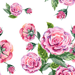 Garden flowers rose painted in watercolor. Floral seamless pattern on white background.