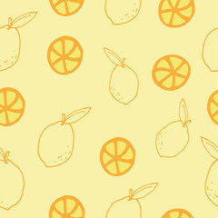 seamless pattern with whole and sliced lemon fruit illustration on orange background. hand drawn vector. doodle art for wallpaper, backdrop, fabric, textile, wrapping paper and gift. fresh and healthy