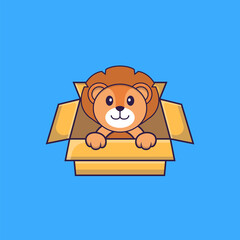 Cute lion Playing In Box. Animal cartoon concept isolated. Can used for t-shirt, greeting card, invitation card or mascot. Flat Cartoon Style