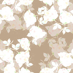 Watercolor seamless pattern with flowers rose on beige background.