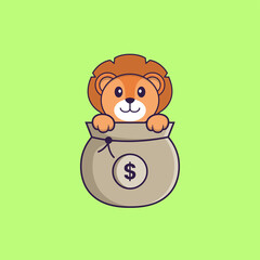 Cute lion playing in money bag. Animal cartoon concept isolated. Can used for t-shirt, greeting card, invitation card or mascot. Flat Cartoon Style