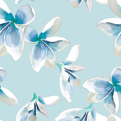 White blue plumeria flowers on light blue background seamless pattern for all prints. Tropical pattern.