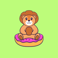 Cute lion is sitting on donuts. Animal cartoon concept isolated. Can used for t-shirt, greeting card, invitation card or mascot. Flat Cartoon Style