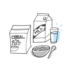 set of healthy breakfast icon isolated on white background. milk and cereal box with glass, bowl and spoon illustration. hand drawn vector. doodle art for logo, advertising, poster, brand, banner. 
