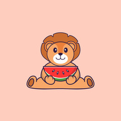 Cute lion eating watermelon. Animal cartoon concept isolated. Can used for t-shirt, greeting card, invitation card or mascot. Flat Cartoon Style