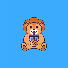 Cute lion Drinking Boba milk tea. Animal cartoon concept isolated. Can used for t-shirt, greeting card, invitation card or mascot. Flat Cartoon Style