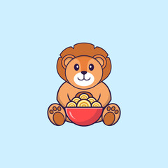 Cute lion eating ramen noodles. Animal cartoon concept isolated. Can used for t-shirt, greeting card, invitation card or mascot. Flat Cartoon Style