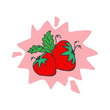 strawberry fruit illustration on white background. two strawberries icon. splate pink color paint. hand drawn vector. doodle art for logo, label, poster, banner, sticker, clipart, cover, advertising. 