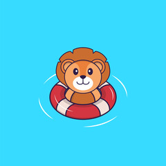Cute lion is Swimming with a buoy. Animal cartoon concept isolated. Can used for t-shirt, greeting card, invitation card or mascot. Flat Cartoon Style