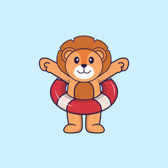 Cute lion using a float. Animal cartoon concept isolated. Can used for t-shirt, greeting card, invitation card or mascot. Flat Cartoon Style