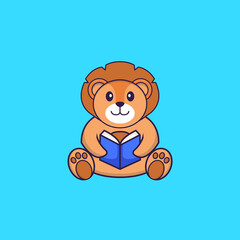 Cute lion reading a book. Animal cartoon concept isolated. Can used for t-shirt, greeting card, invitation card or mascot. Flat Cartoon Style