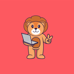 Cute lion holding laptop. Animal cartoon concept isolated. Can used for t-shirt, greeting card, invitation card or mascot. Flat Cartoon Style