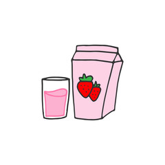 strawberry juice box with glass illustration on white background. fresh and healthy drink. hand drawn vector. doodle art for logo, label, branding, poster, banner, advertising, sticker, clipart. 
