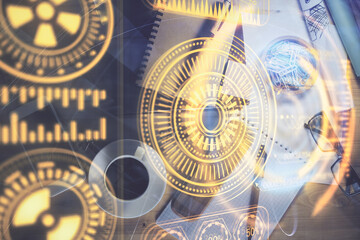 Double exposure of technology drawing and work table top veiw. Concept of hightech.