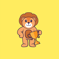 Cute lion holding gold trophy. Animal cartoon concept isolated. Can used for t-shirt, greeting card, invitation card or mascot. Flat Cartoon Style