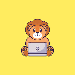 Cute lion using laptop. Animal cartoon concept isolated. Can used for t-shirt, greeting card, invitation card or mascot. Flat Cartoon Style
