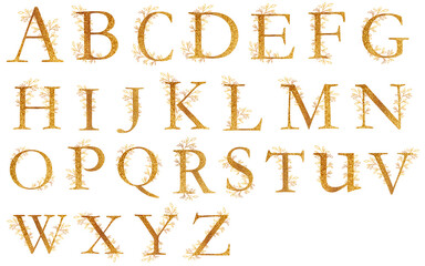 Gold alphabet letters on white background. A logo design element for a collection of T-shirts.