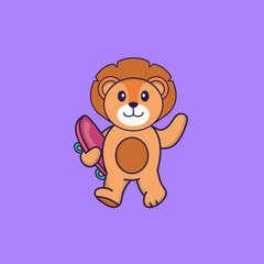Cute lion holding a skateboard. Animal cartoon concept isolated. Can used for t-shirt, greeting card, invitation card or mascot. Flat Cartoon Style