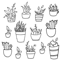 set of house plant illustration isolated on white background. beautiful potted plant. flowerpot icon, decorative plant. hand drawn vector. doodle art for logo, label, sticker, clipart, advert,coloring