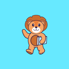 Cute lion holding a book. Animal cartoon concept isolated. Can used for t-shirt, greeting card, invitation card or mascot. Flat Cartoon Style