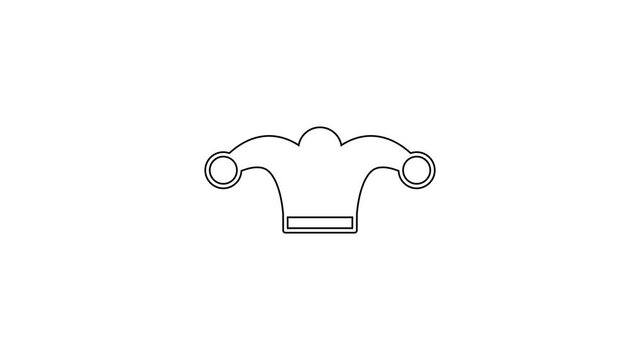 Black line Jester hat with bells isolated on white background. Clown icon. Amusement park funnyman sign. 4K Video motion graphic animation